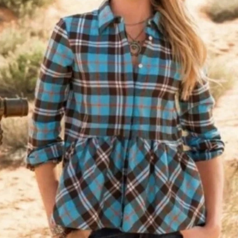 Sundance Hayden Creek Teal
Plaid Flannel Peplum Shirt XS